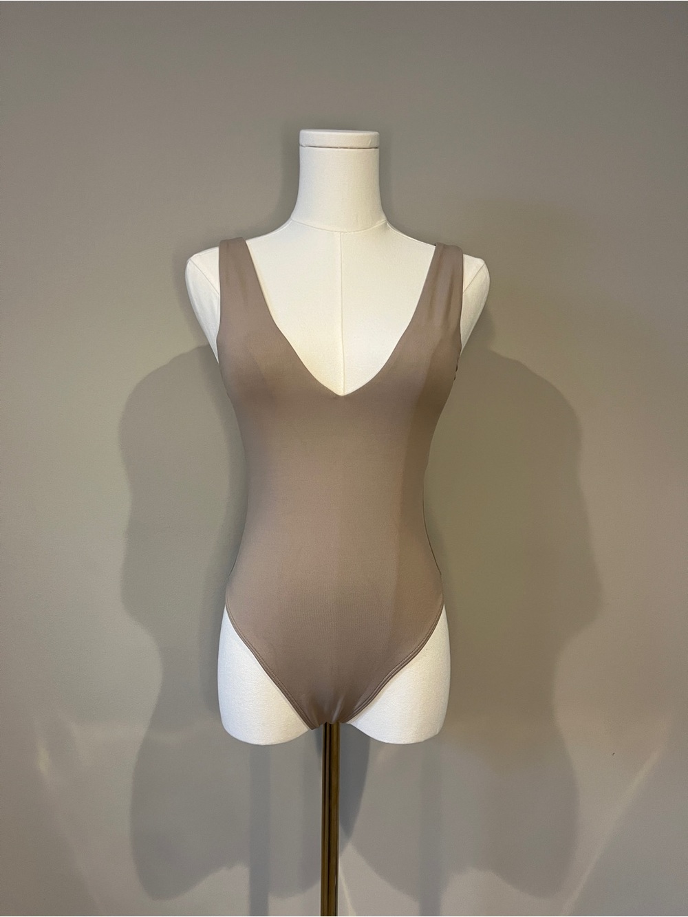 Babaton Sleeveless V-Neck Bodysuit in Beige